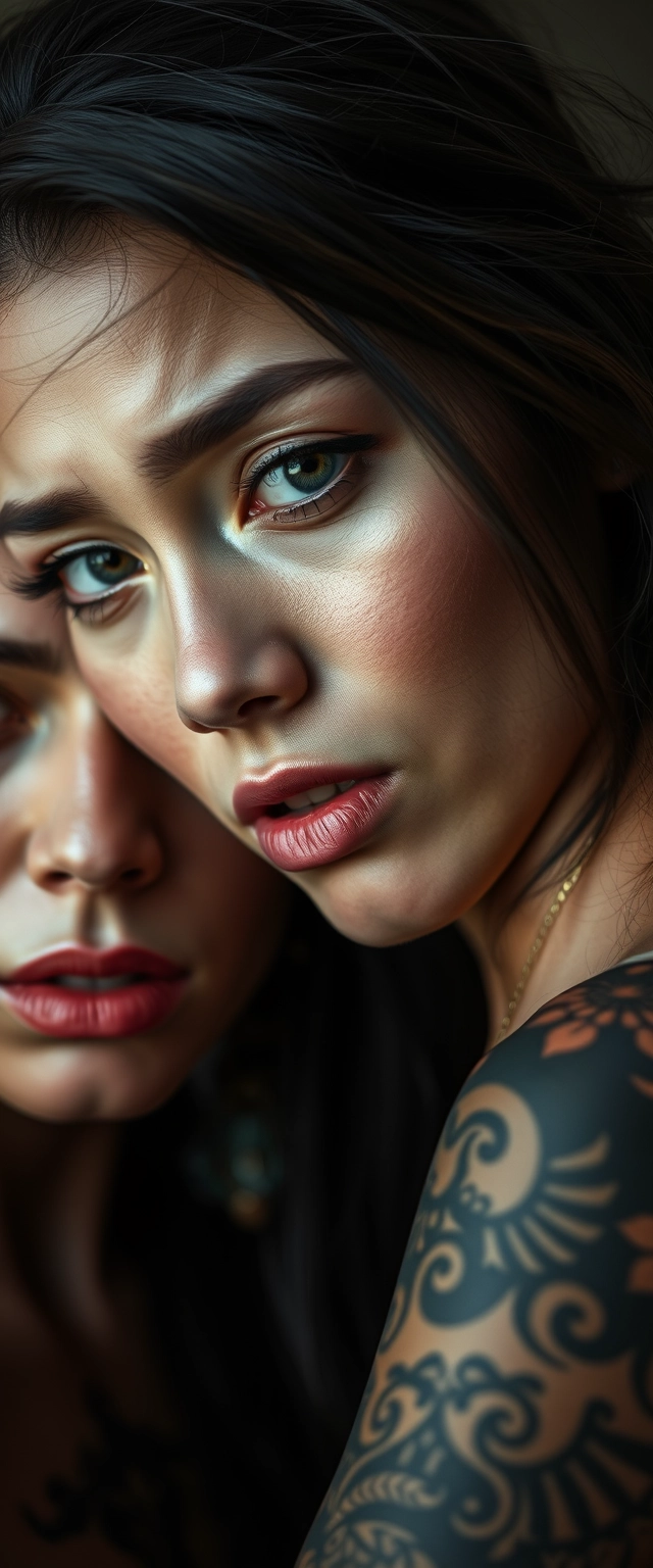 Close-up shot of beautiful fair-skinned Indian-Korean women with striking facial features and gray, hypnotic eyes, having their entire bodies heavily tattooed and expressing a crying demeanor.