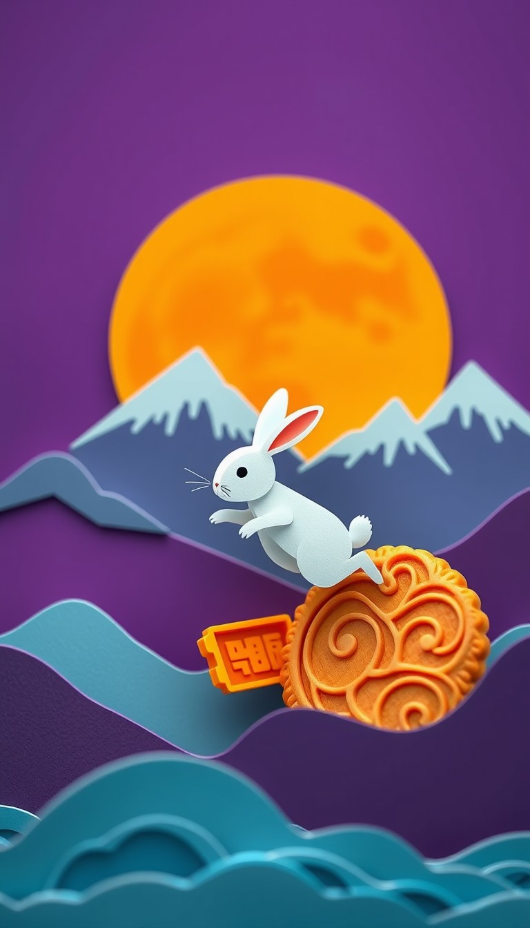 A white rabbit is jumping on a mooncake, with a purple background, blue mountains, an orange moon, in a paper-cutting style, with depth of field and layers. - Image