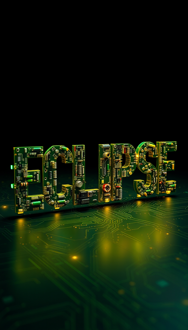 Main Character: The word "ECLIPSE" formed entirely from intricate and interconnected circuit board elements. Each letter is meticulously crafted using a variety of electronic components, including resistors, capacitors, transistors, diodes, and integrated circuits. The components are soldered onto a green circuit board, creating a visually striking contrast between the metallic components and the board's vibrant green.  
Background: The background is a dark, almost black, void, allowing the illuminated circuitry of the word "ECLIPSE" to stand out prominently. Faint, glowing lines emanate from the circuitry, suggesting the flow of electricity and data. The darkness represents the vastness of space, hinting at the celestial phenomenon of an eclipse.  
Visual Style: The visual style should be hyperrealistic, resembling a high-resolution photograph of a meticulously crafted circuit board. The details of each component should be clearly visible, showcasing the complexity and intricacy of the design. The lighting should be dramatic, with strategically placed highlights and shadows that emphasize the three-dimensional nature of the components and the overall word. The overall tone should be one of technological sophistication and futuristic innovation, hinting at the power and potential of electronics.