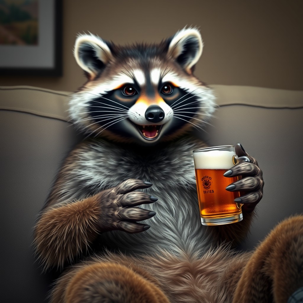 Raccoon sits on the couch and holds a mug of beer in his hand, smile, realistic style, realistic photo. - Image