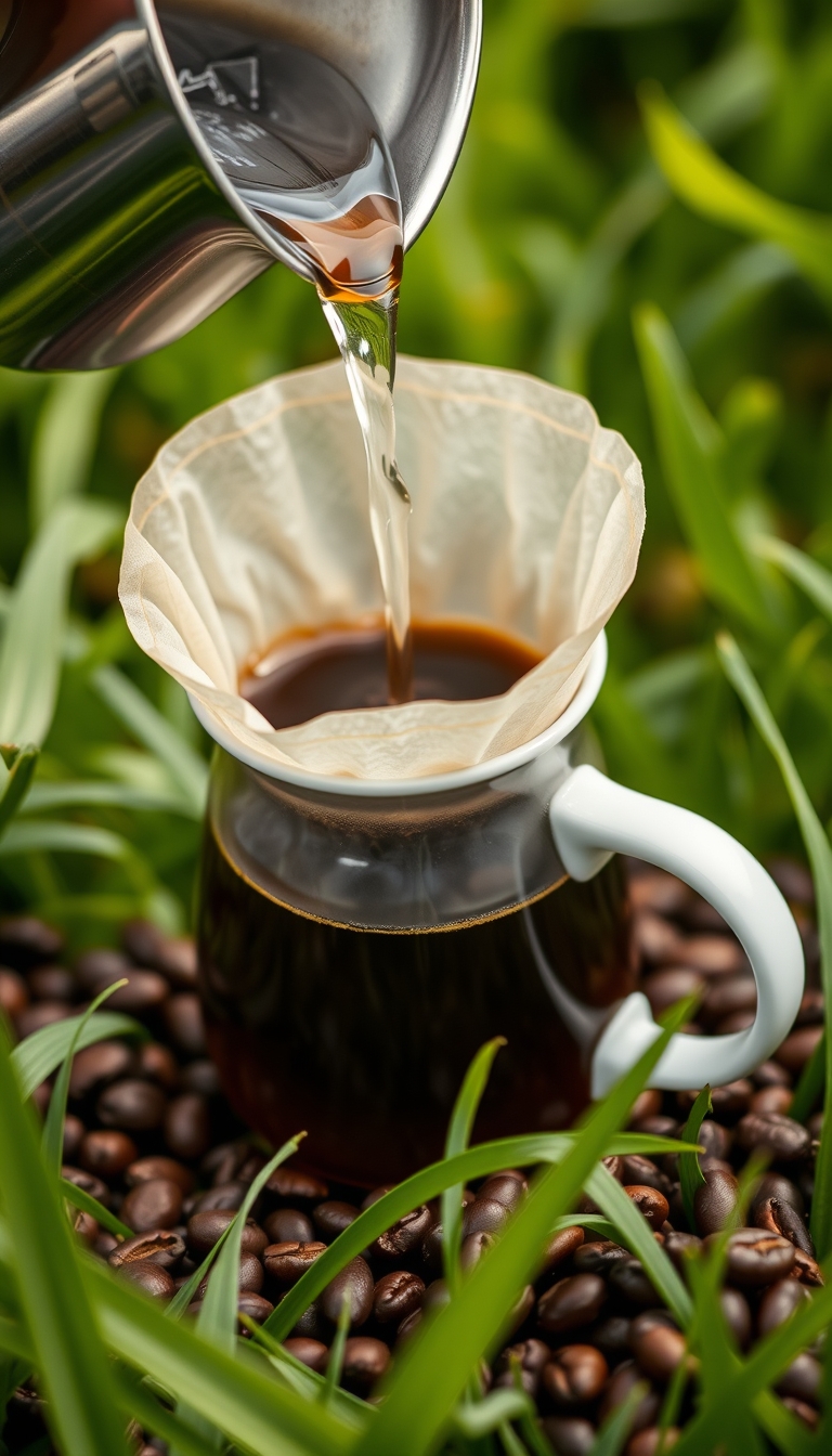 Realistic image of a pour-over coffee in a white cup with a drip filter bag, hot water being poured, coffee beans around, set against a green field, sharp and highly detailed. - Image