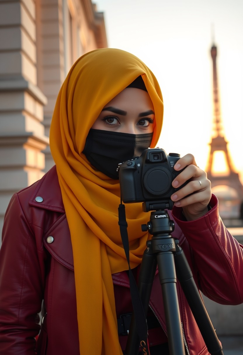 Biggest hijab yellow Muslim girl, beautiful eyes, face mask black, red leather jacket, black biggest skirt, camera DSLR CANON, tripod, taking photo Eiffel Tower, sunrise, morning scenery, Eiffel Tower, hyper realistic, street photography.