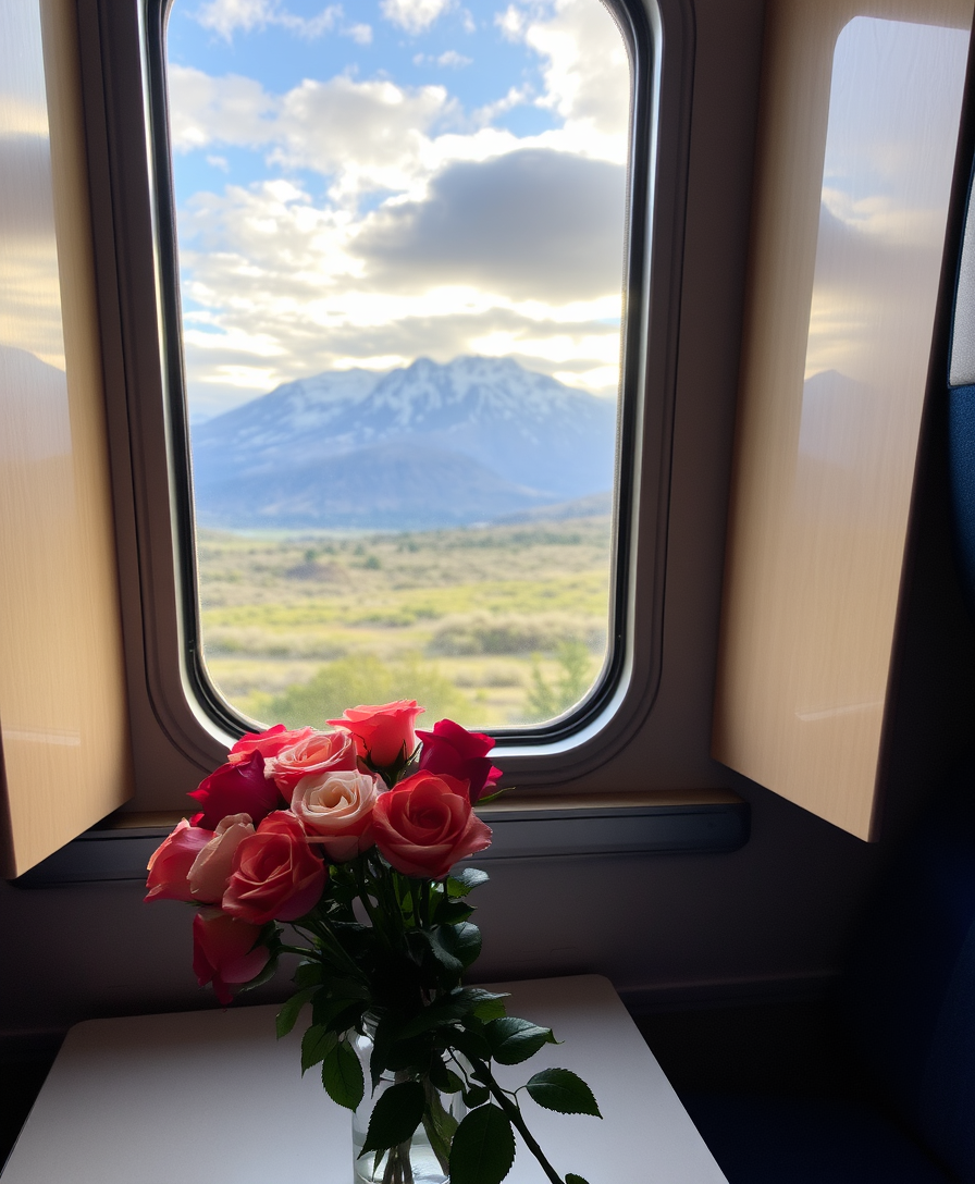 a train compartment, A bouquet of roses sitting on a table, stunning view outside the window