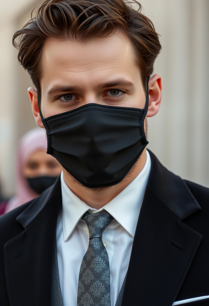 Jamie Dornan's head and body shot, handsome, young, black face mask, white shirt half-buttoned, grey patterned tie, black suit coat, dating love with the biggest soft pink hijab girl, beautiful eyes, black face mask, biggest floral juba, hyper-realistic, street photography. - Image