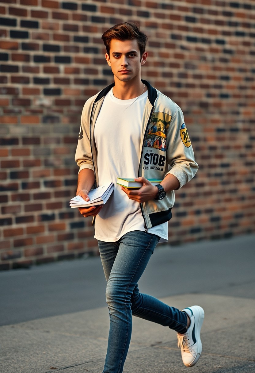 Freddie Prinze head and body shot, handsome, young, serious face, white T-shirt, collage jacket, skinny jeans, sneakers, holding some books, walking style, hyper-realistic, street photography, brick wall, full body photo, sunrise. - Image