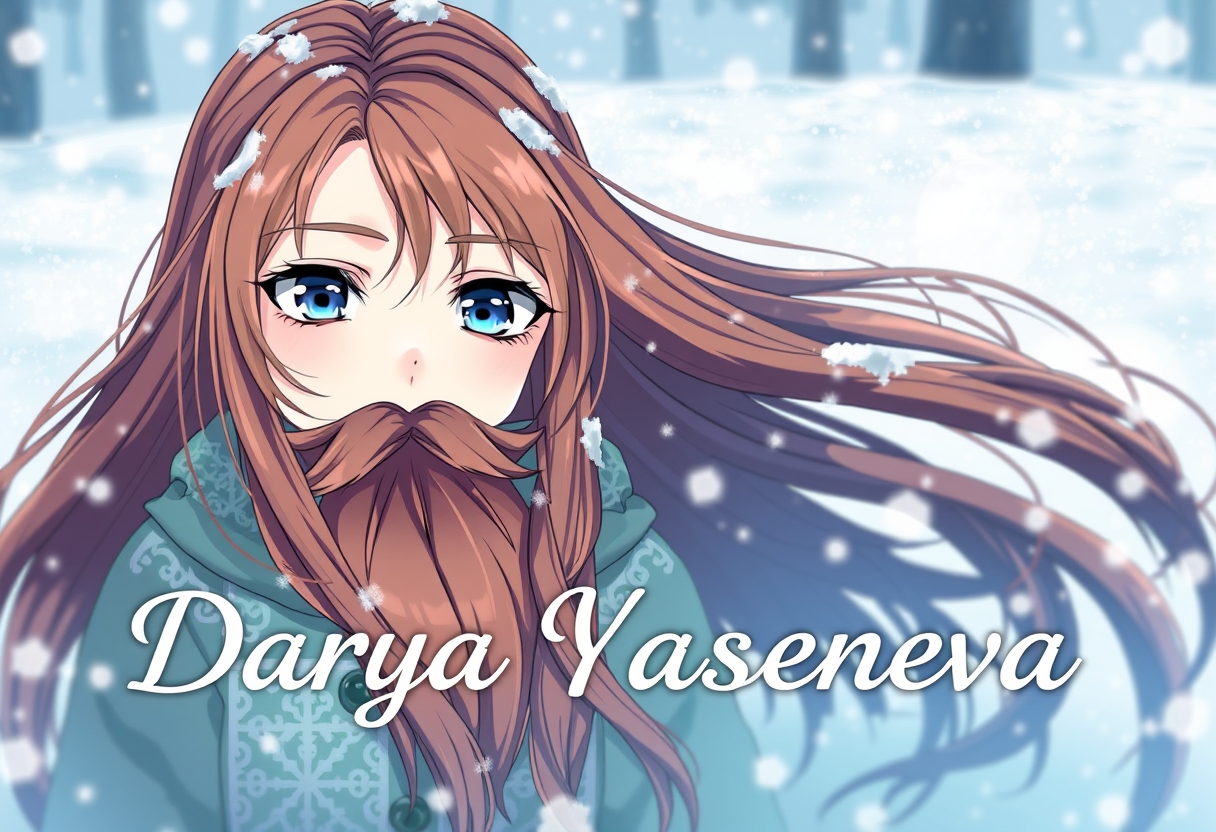 Text with snow texture "Darya Yaseneva" and image of the girl with brown hair, long beards, and blue eyes in the style of anime. - Image