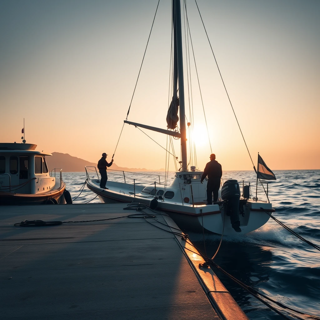 The morning sun bathes the dock in its gentle light, where a small boat quietly rests at its berth. The crew members are busily preparing for the voyage, their movements precise and powerful, each action a testament to their respect for the sea and their skilled craftsmanship. The captain, standing strong at the prow, fixes his determined gaze upon the horizon. As the engine roars to life, the boat slowly departs the dock, setting its course for the distant Cheung Chau Island. The sea breeze is fierce, filling the sails and propelling the vessel forward with steady resolve through the waves. This may be a simple journey, but it is filled with the spirit of exploring the unknown and a profound respect for the natural world. Cheung Chau Island, high-definition, Sony photography, realistic style. - Image