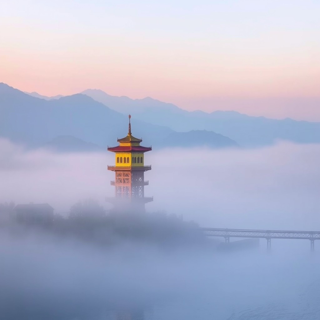 Morning mist shrouds the Yellow Crane Tower, with the structure faintly visible in the soft morning light. The background mountains and river merge together, with the distant sky tinged in light blue, and the gentle breeze along the river evokes a sense of tranquility. - Image