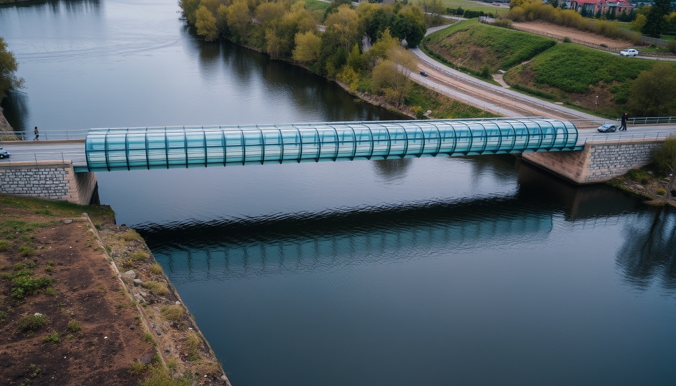 A serene river scene with a glass-bottomed bridge crossing over it.