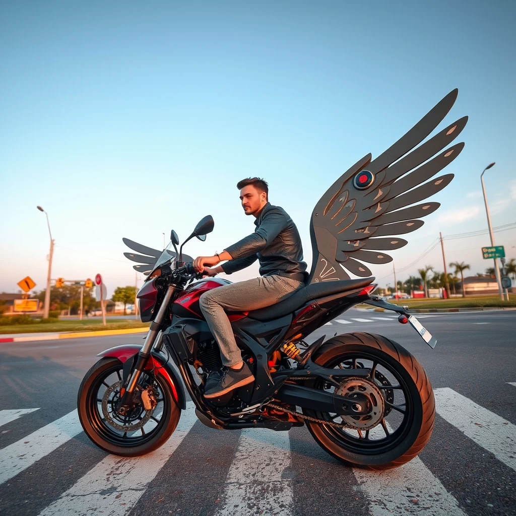 At the crossroads, a handsome guy is riding a motorcycle, which has huge mechanical wings, looking from a bird's-eye view. - Image