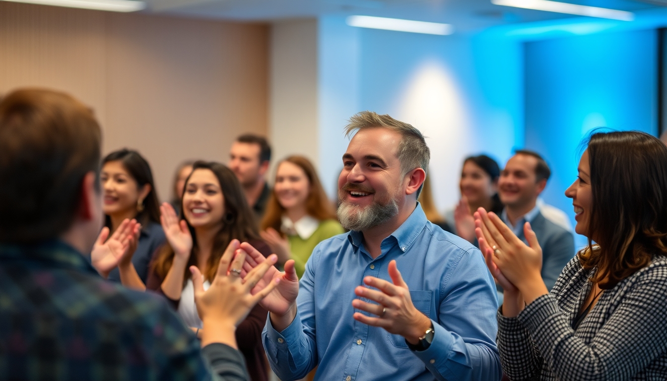 Happy people clapping and supporting each other in a workshop setting.