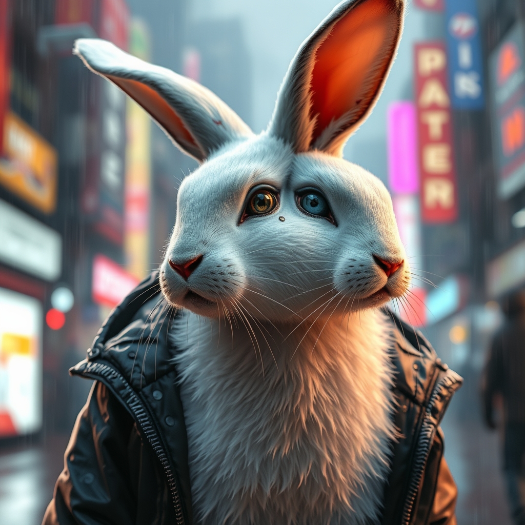 An adult white rabbit stands in a cyberpunk city, in the rain. He's wearing a cyberpunk style jacket. The rabbit has an augmentation on his right eye and a lot of scars. Cyberpunk implants are visible on the cat. A masterpiece, maximum detail, cinematography. - Image