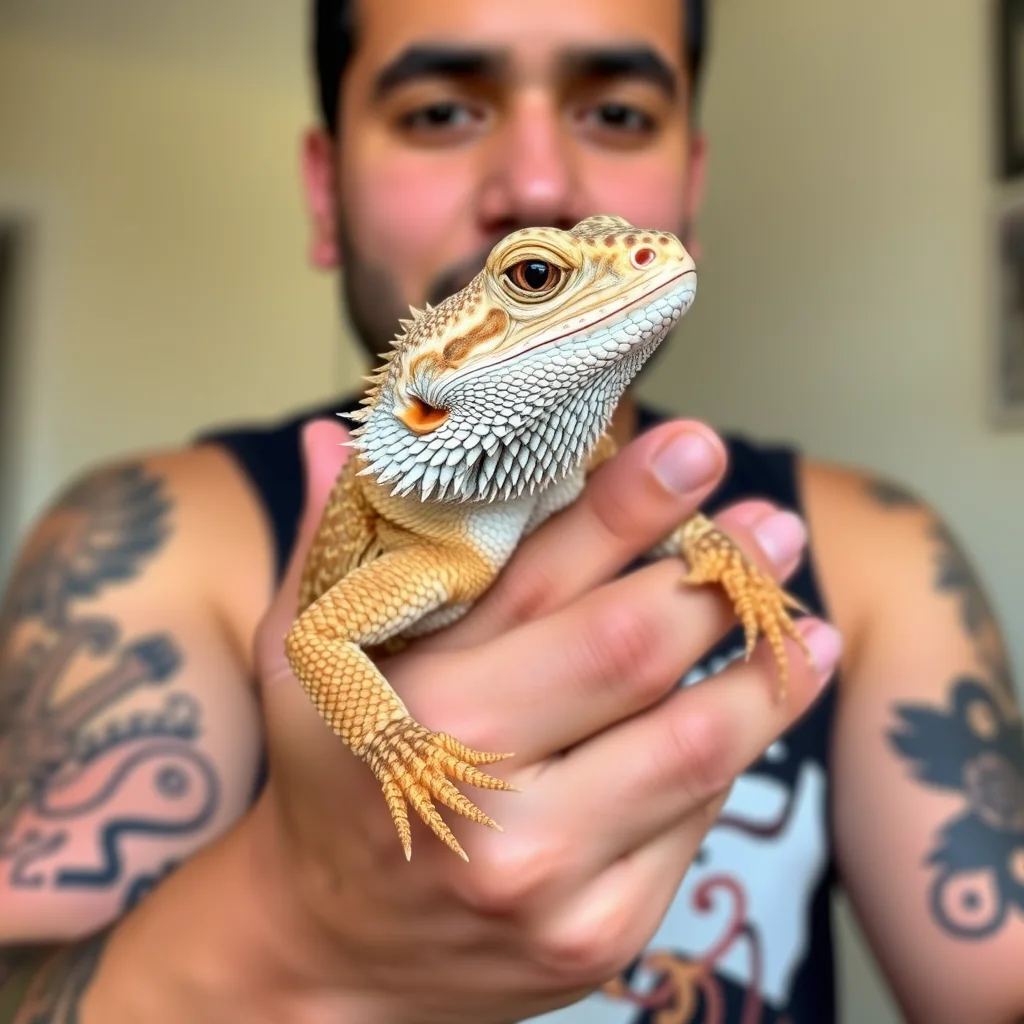 A bearded dragon being held by its owner, a 30-year-old Mexican male with tattoos on his arms. - Image