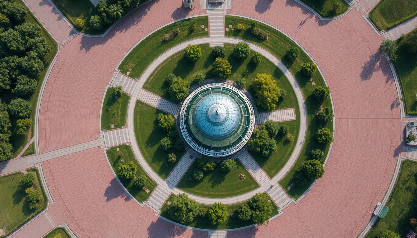 There is a dome. There is a park in it. The photo shows that dome from the sky. - Image