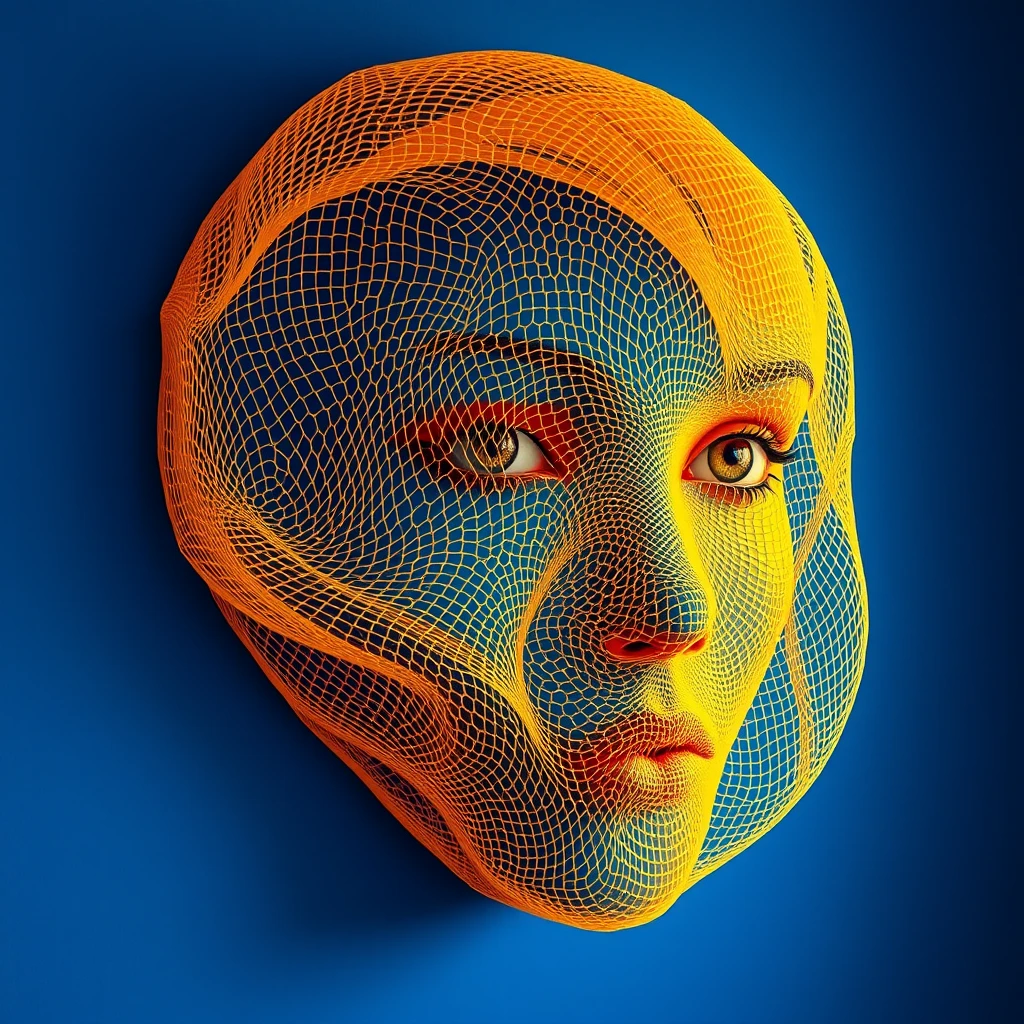 A captivating and avant-garde artwork featuring a three-dimensional female face, masterfully sculpted from a mesh-like material. The deep blue wall serves as a striking contrast, allowing the vibrant yellow and orange hues of the mesh to shine. The gradient effect adds a dynamic and eye-catching element, while the intricately detailed eyes, one more prominent than the other, captivate the viewer. The artwork's depth and dimension create a surreal, immersive experience, transforming it into the focal point of the room and leaving a lasting impression on all who behold it.