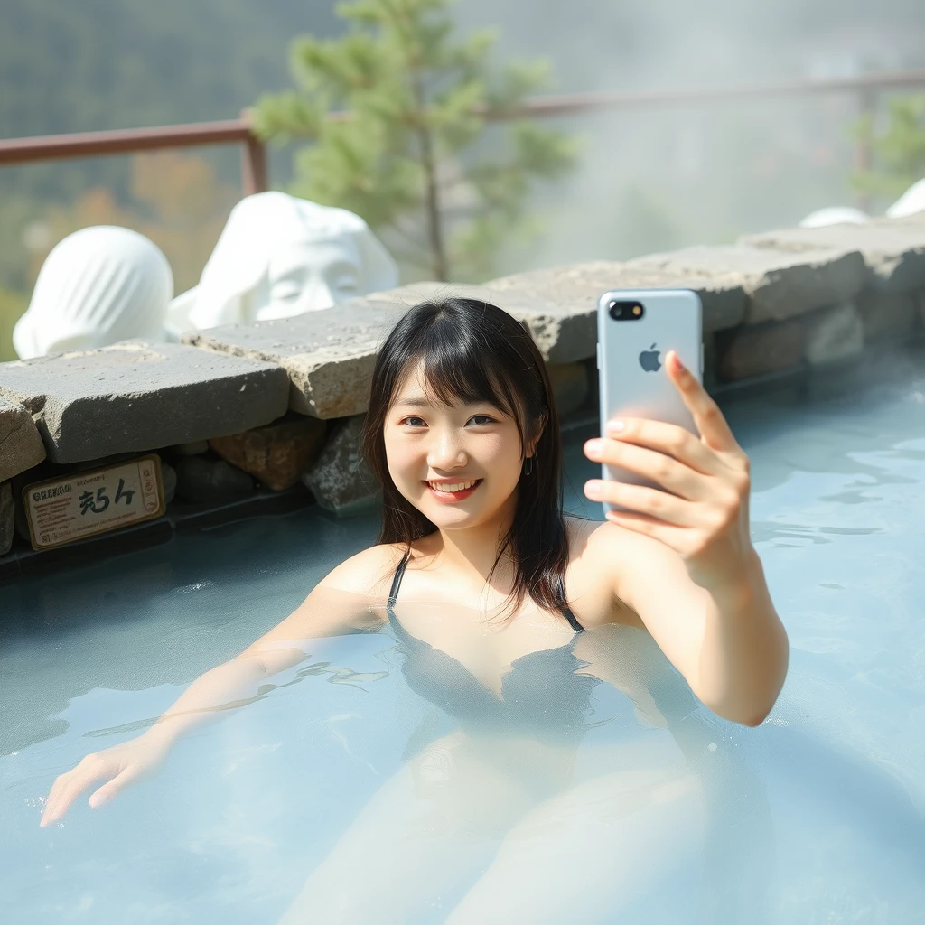 Japanese high school girl taking a selfie in a hot spring