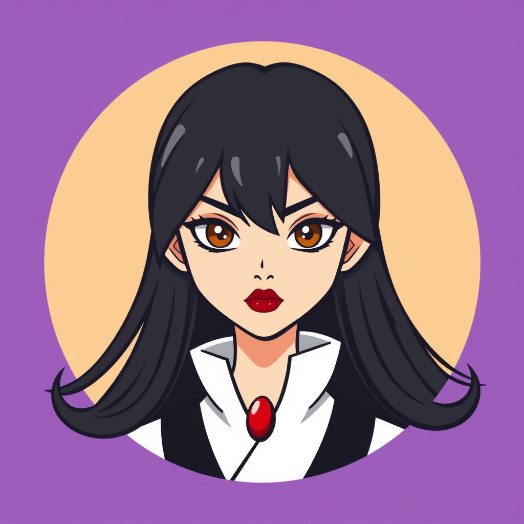 A basic simple vector logo of a beautiful female character with hazel brown eyes, long, dark black hair, wearing a black and white outfit with a red pendant necklace, and a serious face with red lipstick, on a purple background. - Image