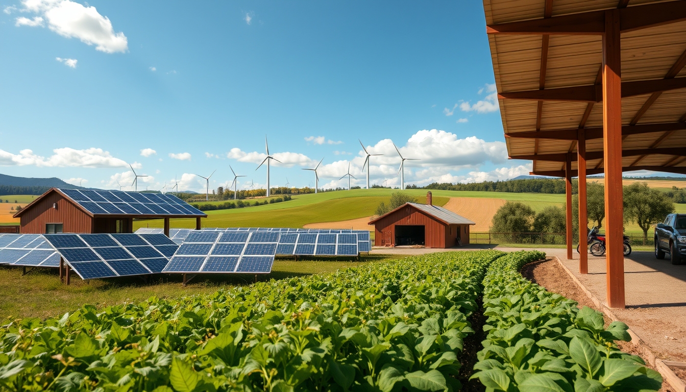 A wide-angle shot of a modern, eco-friendly farm with solar panels, wind turbines, and organic crops in the foreground.