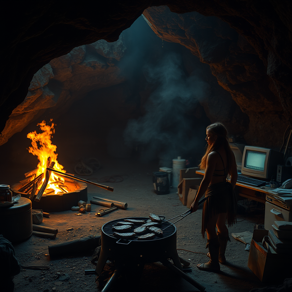 Real-life photography: At night, in the cave, there is a female barbarian grilling meat. The cave is very large, with a bonfire, a 90s desktop computer, and some messy household items. - Image