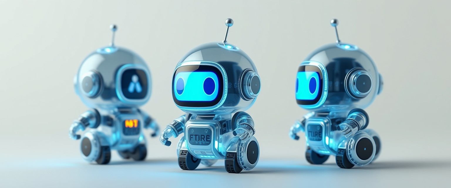 Cute aesthetic, a tiny cute translucent polycarbonate robot with an LED screen face, emoticon, stunning unreal engine render, intricate details, three views, simple background. - Image