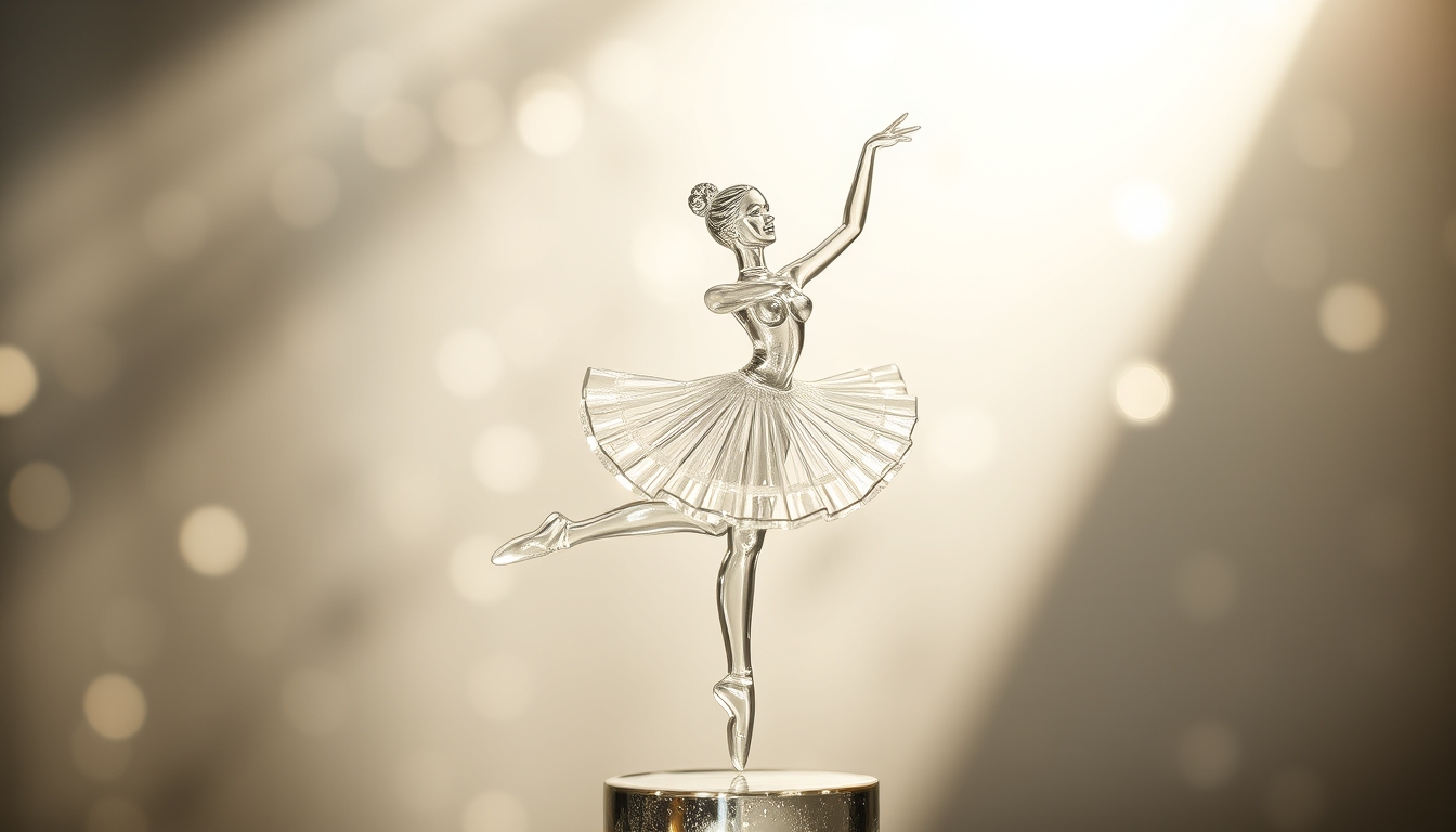 A delicate glass sculpture of a dancing ballerina, surrounded by shimmering light.