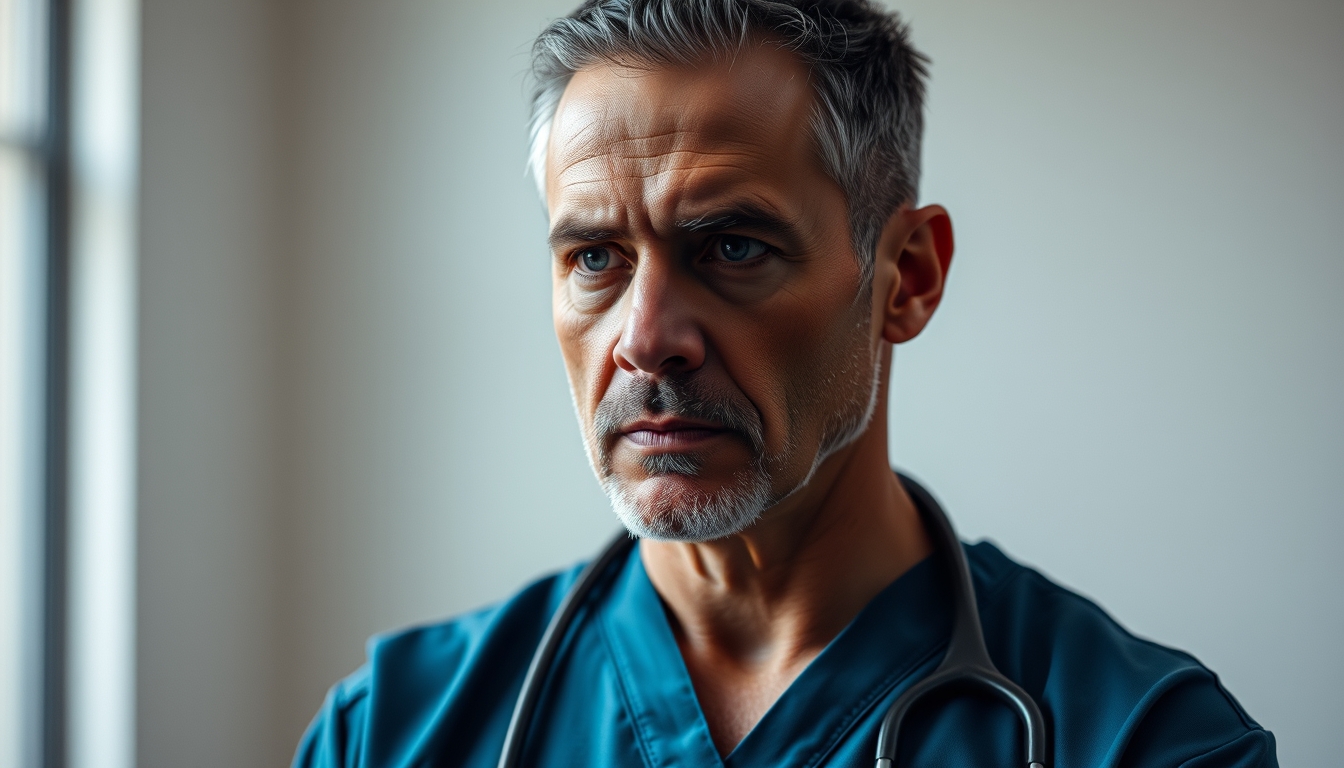 Serious portrait of a doctor in scrubs, looking focused and determined.