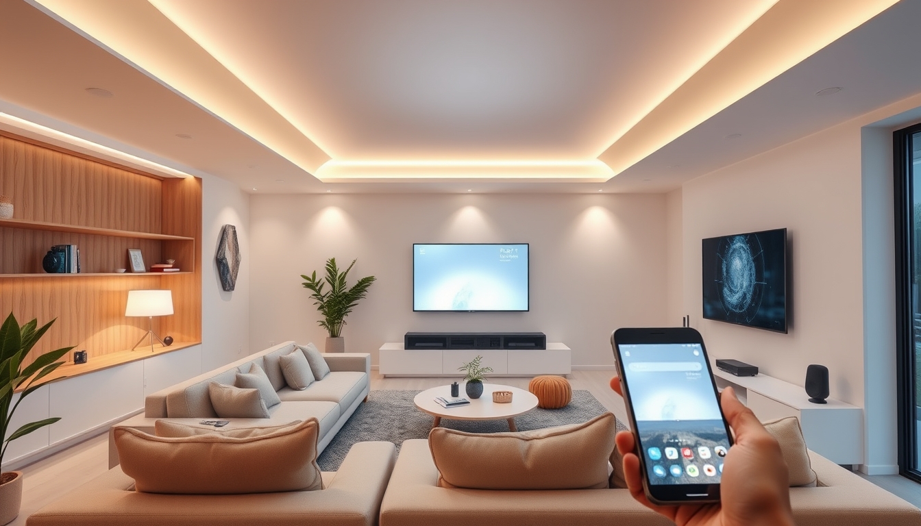 A high-tech living room with voice-activated lighting, smart speakers, and a sleek, minimalist design, all controlled by a smartphone.