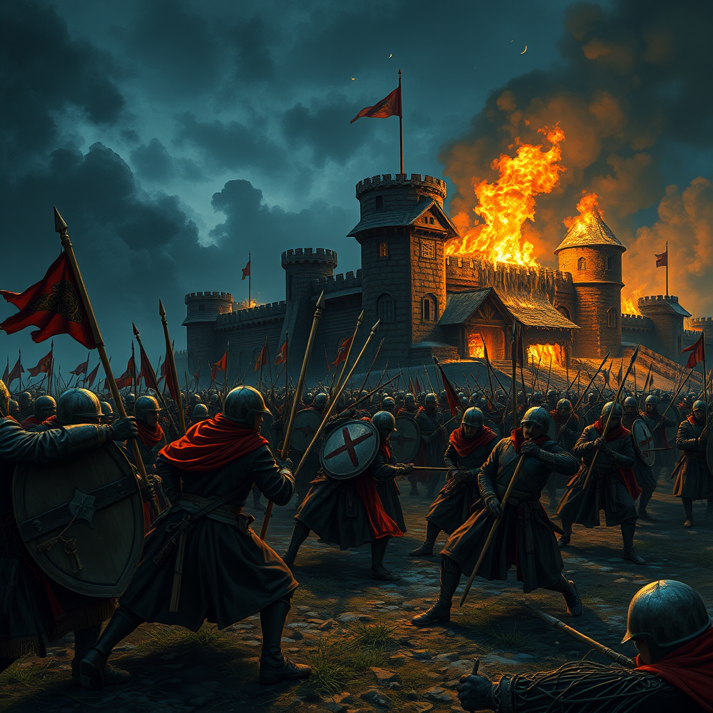 Battle of the medieval Russian army with the Tatar-Mongols. Night background, a burning wooden fortress.