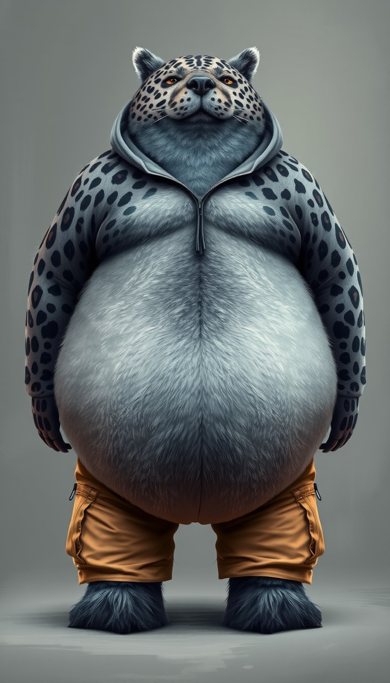 Quarter view, anthropomorphic obese gray bear leopard hybrid, blended features. Gray and black fur with tan and white fur markings. He has a heavyset body. Wide fat bottom. Fat wide double chins. Tan cargo pants and zip-up hoodie. Full body. Uncropped. Fluffy fur. Abstract background digital art. - Image