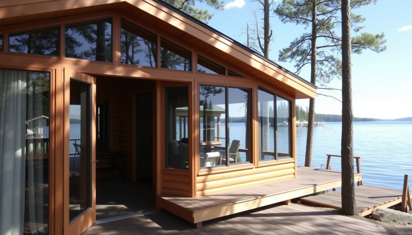 A serene lakeside cabin with a glass front, offering an unobstructed view of the water. - Image