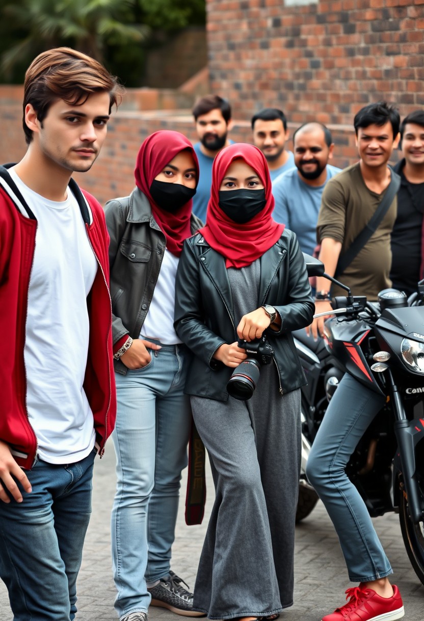 Jamie Dornan and Freddie Prinze, head and body shot, handsome, young, serious face, dark brown hair, white T-shirt, college jacket, skinny jeans, sneakers, standing, discussing with the two guys and a short, slim Muslim girl in a red hijab, beautiful eyes, black face mask, black leather jacket, grey long T-shirt, bell-bottom cutting jeans, red sneakers, holding a Canon DSLR camera, near a town road, superbike, hyper-realistic, street photography, brick wall, full body photo, five other random white people smiling in the background. - Image