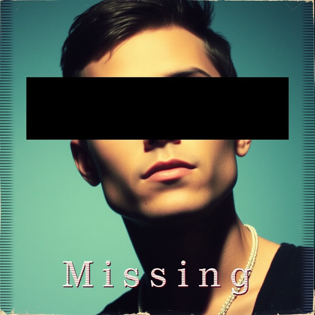 Photo of a man with a black bar over his eyes, old TV filter, scanlines, album cover, artist is "S.X.O", song is "Missing".