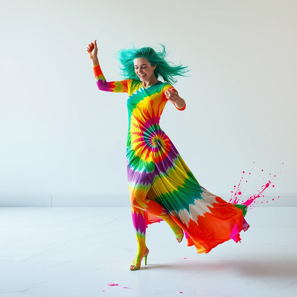 Create a photorealistic image of a woman made entirely of fluorescent, tie-dye colored paint with beautifully intricate fractal geometric patterns as she dances enthusiastically on a white marble floor. Show splashes of paint in random locations frozen in time with high-speed photography. - Image