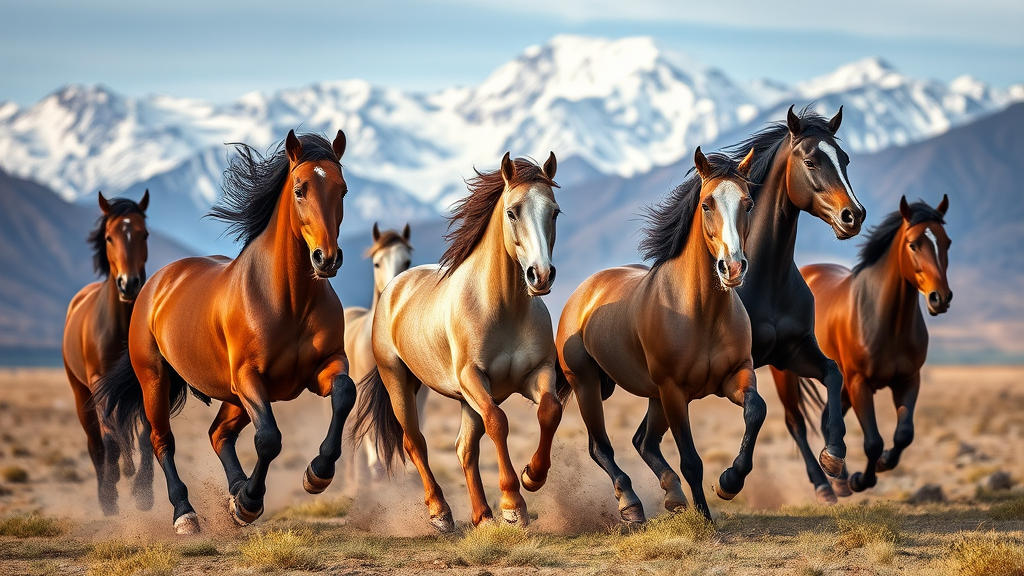 a group of horses running in front of snow capped mountains in kazakhstan, by David G. Sorensen, a photo, fine art, majestic horses, galloping, equine photography, in the steppe, horses, 8k award-winning photograph - Image