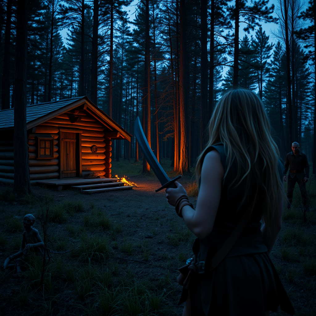 Real-life photography, wide shot: In the evening, in the forest, there is a wooden cabin, and not far away, a female barbarian is holding a dagger, looking at two zombies in the distance. The zombies are dressed. The cabin is on fire.