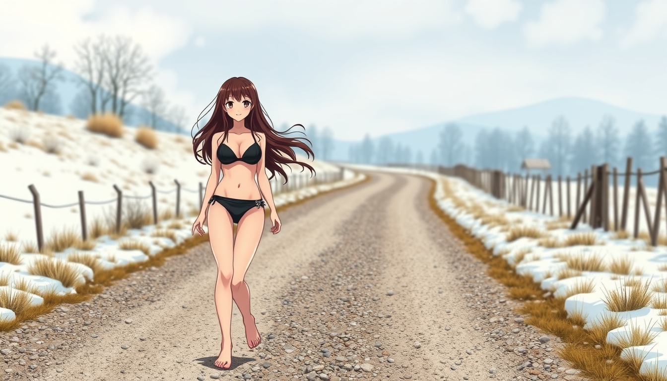 Anime style, a beautiful brunette girl with long hair wearing a black bikini walking barefoot on a gravel snowcapped country road, smiling, model body type. - Image