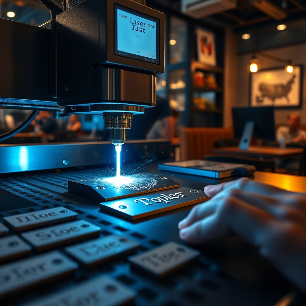 Create a photorealistic, high-resolution (8K) image of a modern cafe interior with a focus on a laser engraving station. The scene should depict:
Main Focus:

A laser engraving machine in action, marking a metal name tag
Visible laser beam making contact with the metal surface
Close-up view of the engraving process, showing intricate details

Setting Details:

Professional-grade laser engraving setup within a cafe environment
Sleek, modern equipment contrasting with the warm cafe atmosphere
Safety features like protective shields or glasses visible in the scene

Technical Aspects:

Ultra-sharp focus on the laser engraving process and the metal name tag
High dynamic range to capture the contrast between the bright laser and the metal surface
Macro-like detail of the engraving in progress

Lighting and Mood:

Dramatic lighting highlighting the laser beam and the engraving area
Warm ambient cafe lighting in the background
Subtle reflections and highlights on the metal surface

Additional Elements:

A collection of finished metal name tags with various designs nearby
Computer terminal showing the design being engraved
Safety signage or equipment related to laser operation

Human Element:

Hands of the operator visible, carefully managing the engraving process
Optionally, include attentive customers watching from a safe distance

Style Notes:

Photorealistic style as if shot with a professional DSLR camera with a macro lens
Cool tones for the technical areas, contrasting with warmer tones in the cafe background
Emphasis on the precision and technology of the engraving process

Avoid:

Unrealistic or exaggerated laser effects
Unsafe practices or lack of proper safety equipment
Overly cluttered or distracting elements that take away from the main focus

The image should capture the fascinating moment of laser engraving on a metal surface, showcasing the blend of high-tech precision within the inviting atmosphere of a modern cafe.