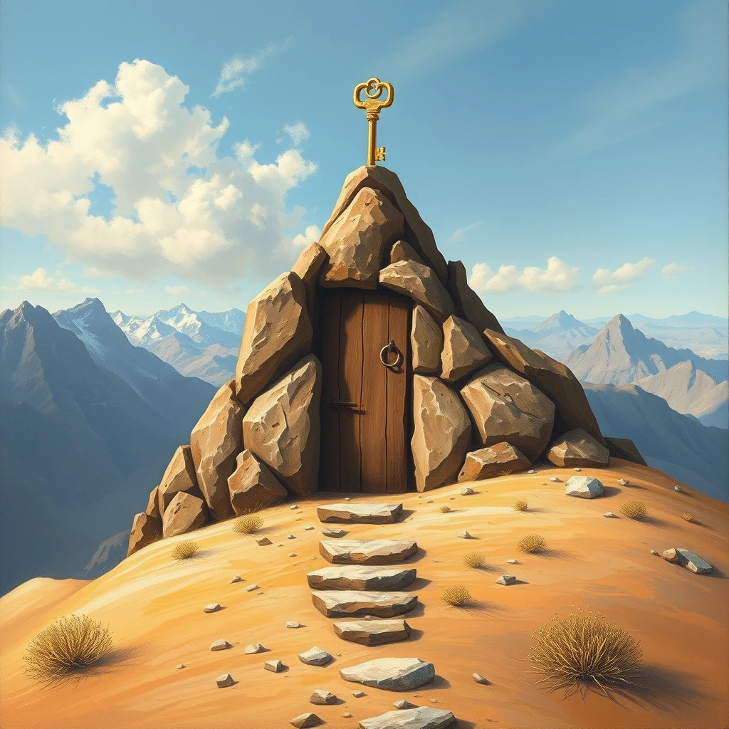 'mountain of keys, at the top of the mountain a door lock, painting, desert'