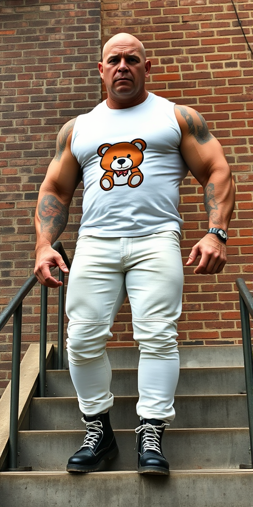 A towering, muscular 60-year-old skinhead bodybuilder stands confidently on concrete stairs, his gleaming bald head contrasting with his light skin. Clad in a striking white t-shirt with a logo of stuffed teddy bear, tattooed arms flex beneath the sleeveless fabric. Tight bleached denim trousers highlight his powerful legs, complemented by knee-high Dr. Martens boots with white laces. The rugged brick wall and metal handrails create an industrial backdrop, enhancing the imposing presence of this behemoth. - Image