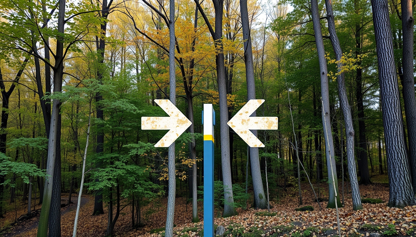 Left and right arrows integrated into a nature scene with trees.