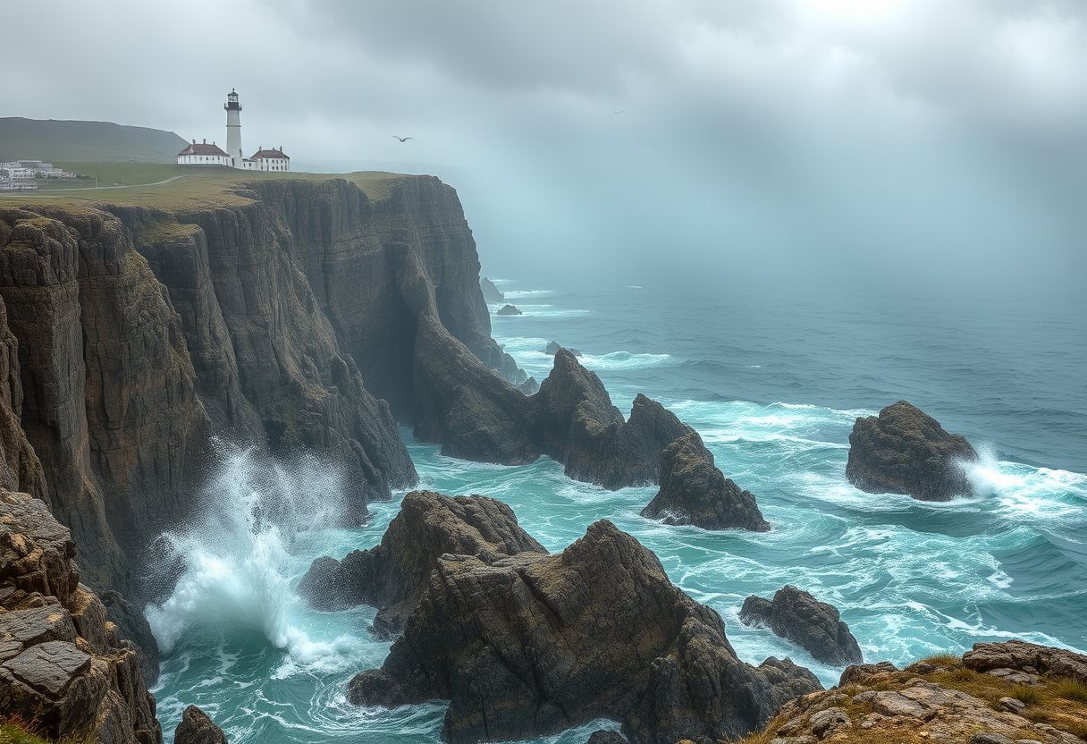 Dramatic, rocky cliffs, crashing waves, rugged, coastal, high quality, seagulls, lighthouse, stormy, wild, panoramic, breathtaking, photorealistic::1.5 sailboats, dramatic skies, mist, fog, coastal caves, hidden coves, tidal pools, mysterious.