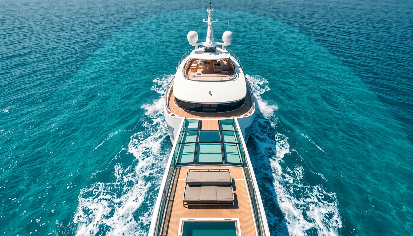 A luxurious yacht with a glass deck, cruising through crystal-clear waters.