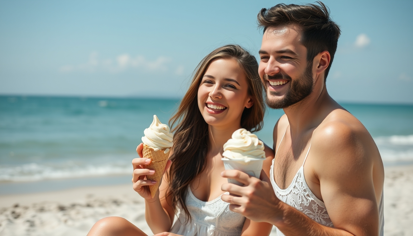 Beachside delight with a young couple and their ice cream.