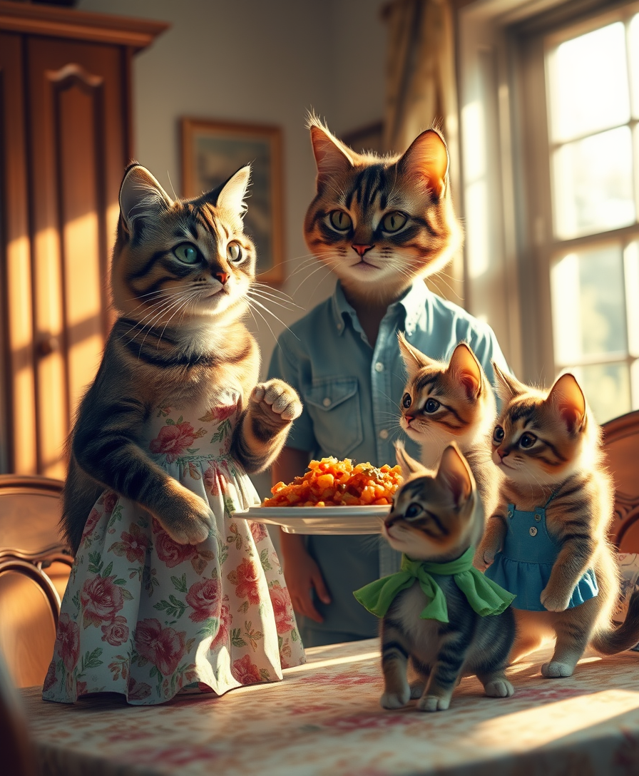 The mother cat, dressed in a charming floral print dress, exudes pride as she serves a mouth-watering dish. The father cat, dressed in a shirt and shorts, smiles tenderly, not taking his eyes off his three adorable kittens. Each kitten is dressed in cute homemade clothes that reflect his personality. The warm and inviting atmosphere is complemented by golden sunlight pouring through the windows.