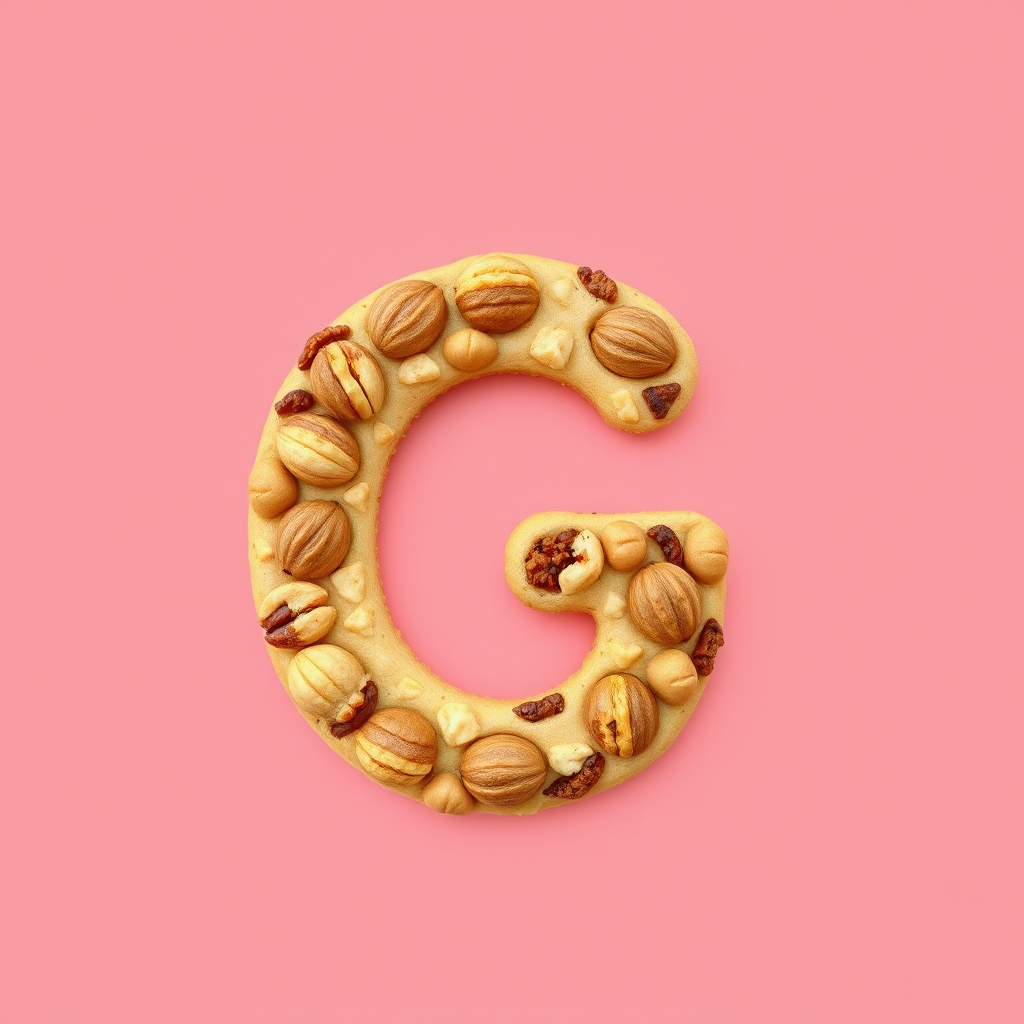 A letter "G" made of nut cookies, light red background, realistic photograph.