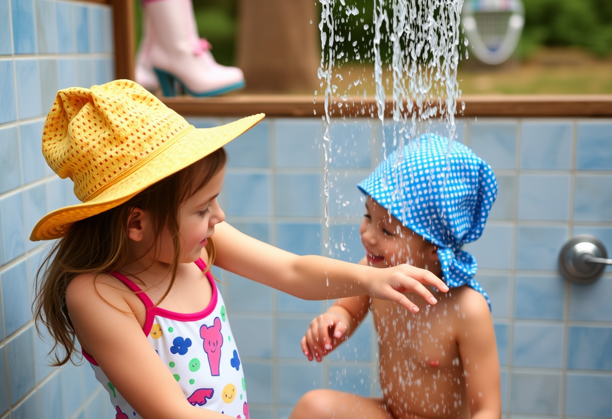 A summer camper puts together an ensemble to entice her best friend when they take their post-activity shower.