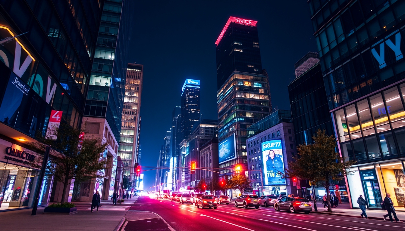 A vibrant city street at night, with reflections in the glass windows of skyscrapers. - Image