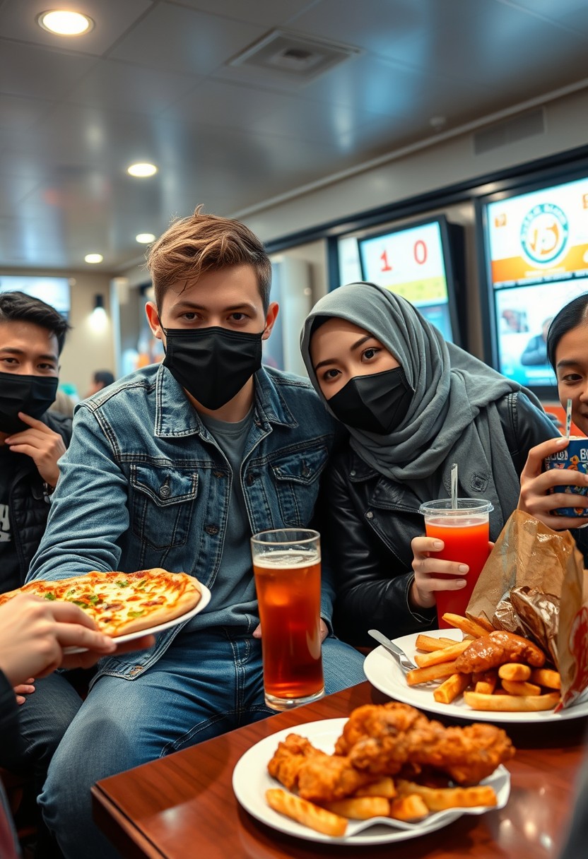 Jamie Dornan's head and body shot, handsome young man, black face mask, blue jeans jacket, jeans, dating love with a grey hijab Muslim girl, beautiful eyes, black face mask, black leather jacket, biggest floral skirt, at a fast food restaurant, plate of cheese pizza, plate of Korean fried chicken and fries, glass of soft drink, eating with three other random smiling friends, photorealistic, hyper-realistic, street photography, selfie.