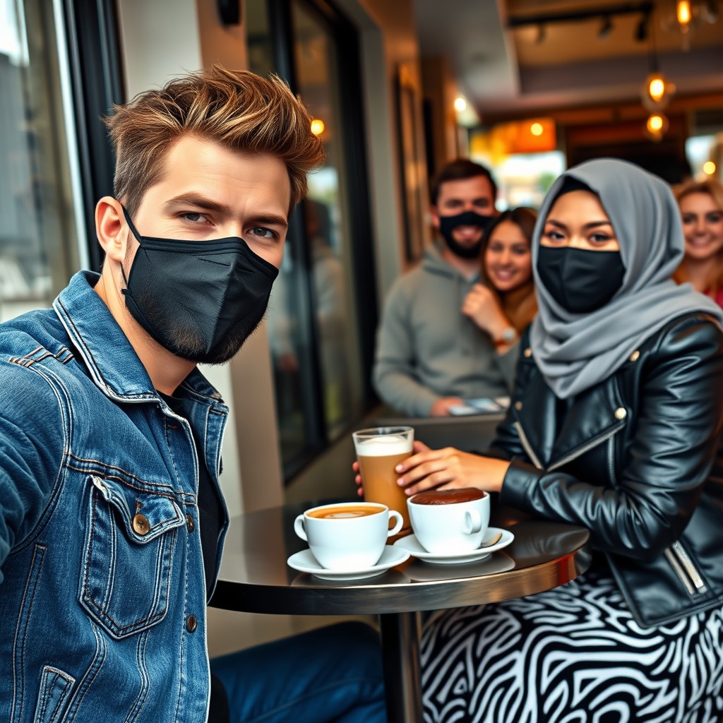 Jamie Dornan's head and body shot, handsome, black face mask, blue jeans jacket, jeans, dating a Muslim girl with a grey hijab, beautiful eyes, black face mask, black leather jacket, biggest zebra pattern skirt, at a cafe, 2 cups of latte, muffin cake, chocolate donut on a table, with another 3 friends smiling in the back, photorealistic, hyper-realistic, street photography, selfie.