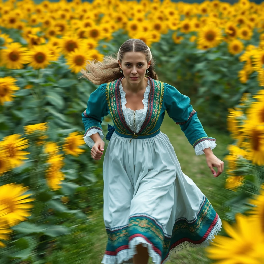 A Ukrainian woman running forward to the camera in a sunflower field, (Ukrainian costume: 1.4), style by Rick Remender, motion blur, action, full body, award-winning work.